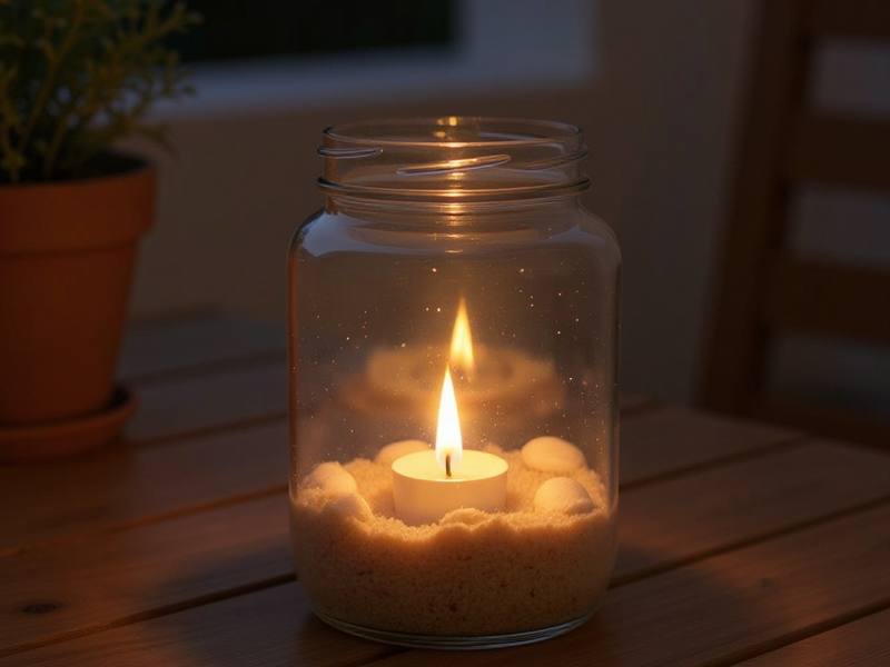 Farolillo marino hecho con tarro reciclado, arena y conchas