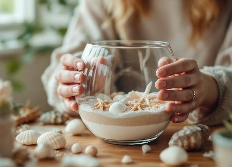 Manos creando un terrario marino con arena y conchas