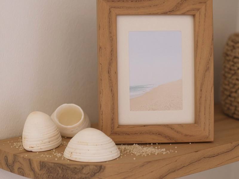 Marco de fotos decorado con conchas marinas blancas estilo costero