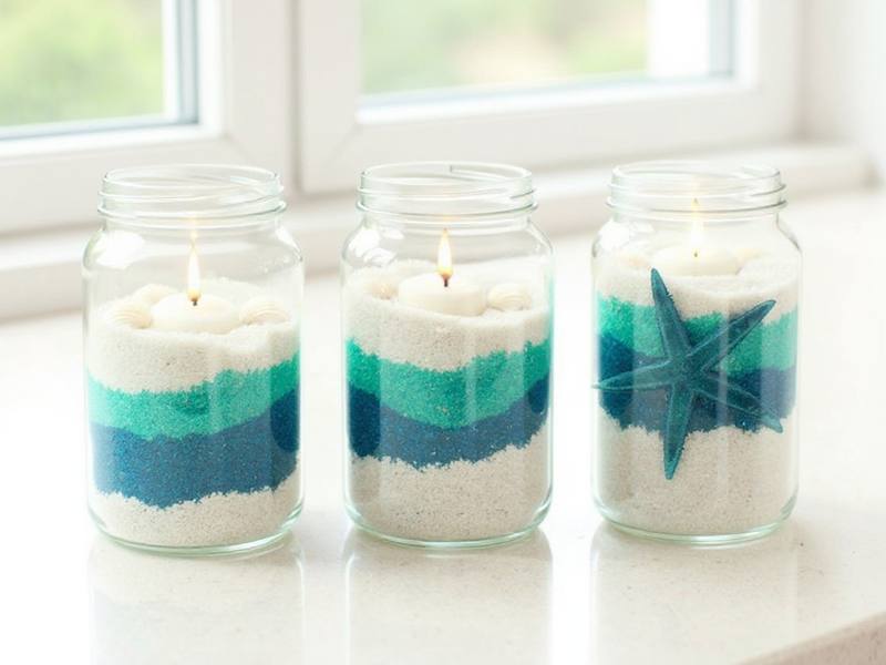 Tarros de cristal reciclados con capas de arena decorativa marina