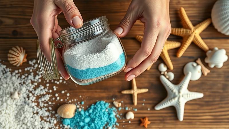 Proceso de creación de un terrario marino con capas de arena de colores en tarro de cristal