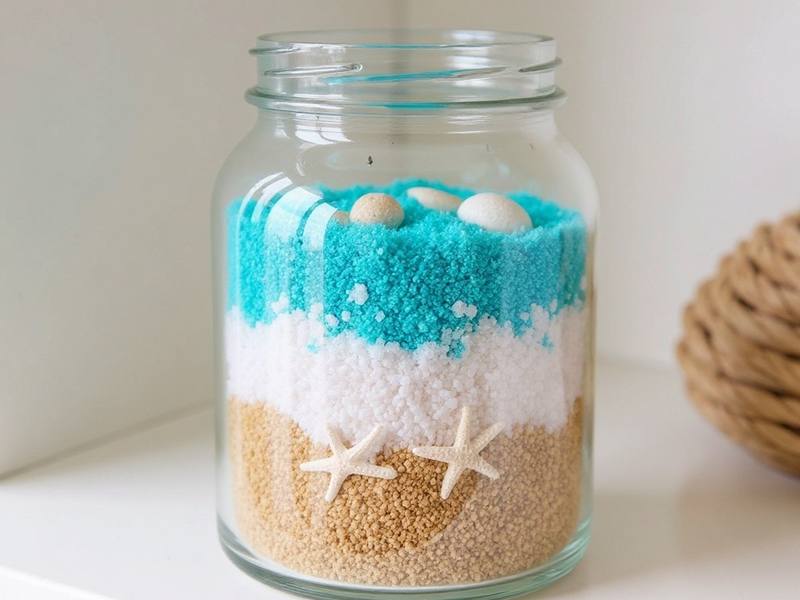 Terrario marino DIY con arenas decorativas de colores y conchas