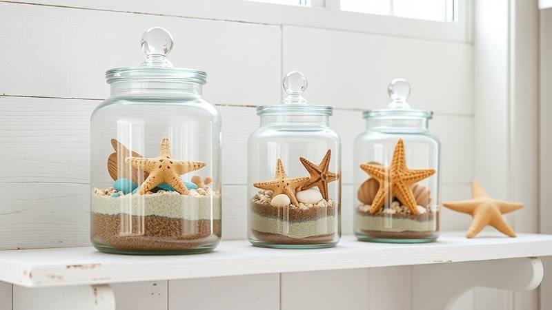 Terrarios marinos decorativos de distintos tamaños en estantería de madera blanca