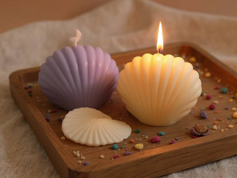 Velas artesanales en conchas marinas con arena decorativa