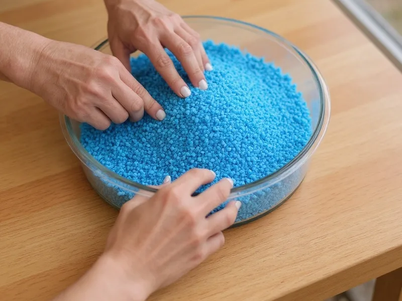 Manos creando un centro de mesa marino con arena turquesa y conchas