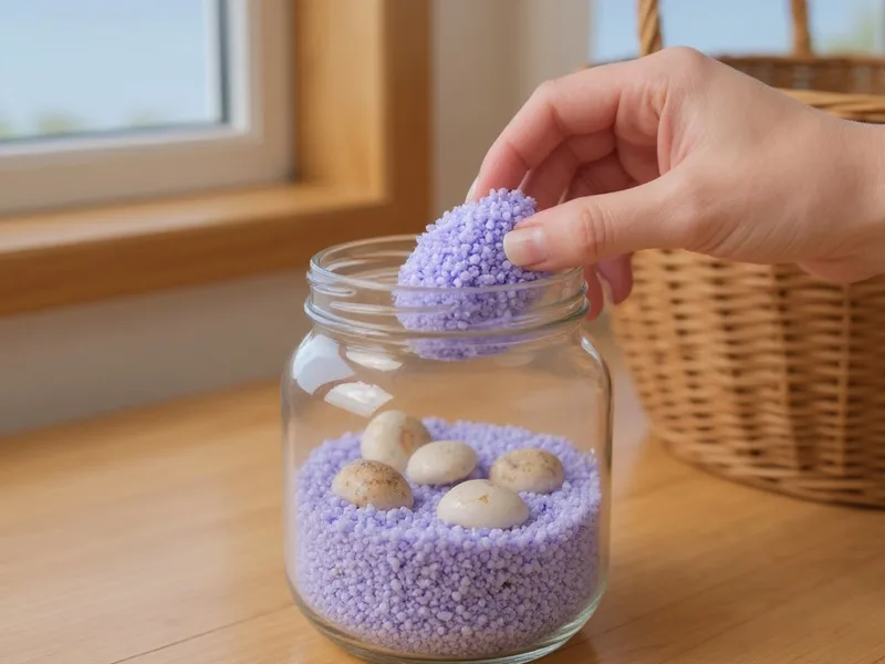 Manos creando un centro de mesa con arena gruesa lila y conchas marinas en un jarrón de cristal.