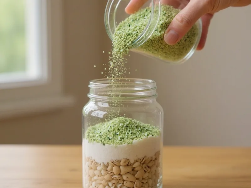 Mujer creando un jarrón decorativo con arena gruesa pistacho y conchas, estilo mediterráneo.