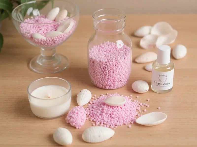 Composición creativa con arena gruesa rosa, conchas y velas en un jarrón de cristal.