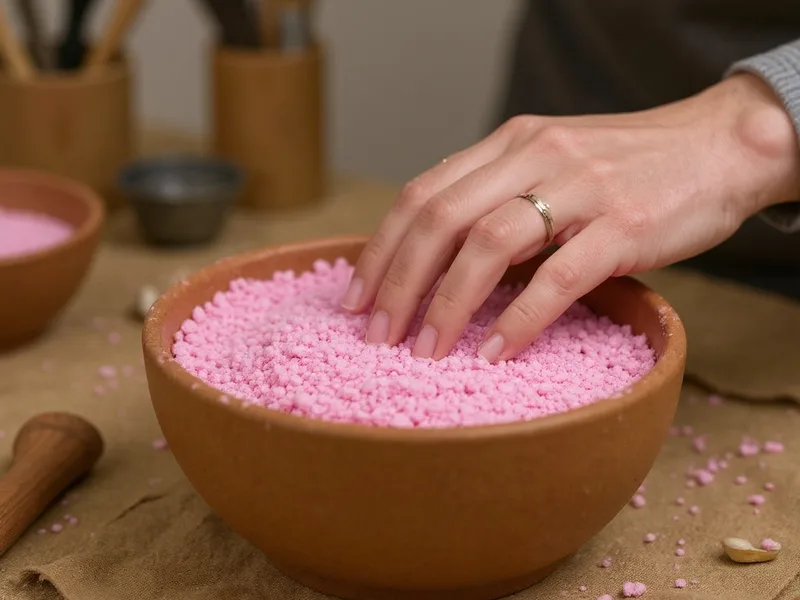 Primer plano de arena gruesa rosa en un cuenco artesanal, destacando su textura y color.