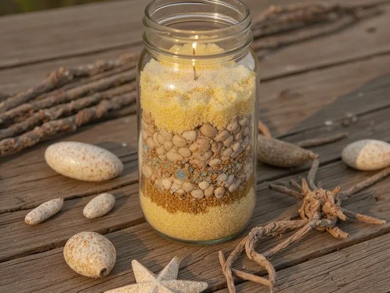 Centro de mesa costero con arena fina amarillo huevo, conchas y velas DIY