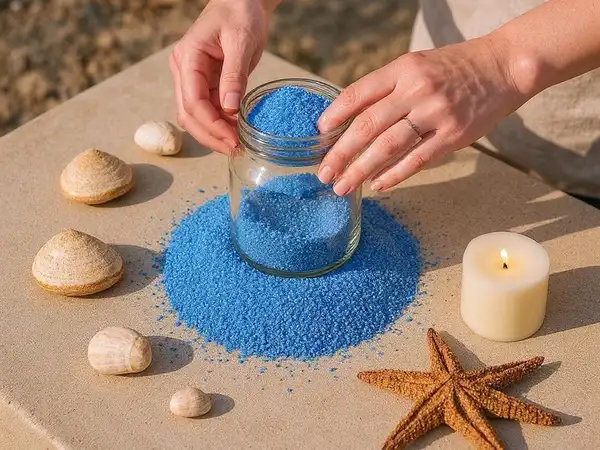 Manos creando un terrario marino con arena fina azul y conchas en una mesa de madera rústica.