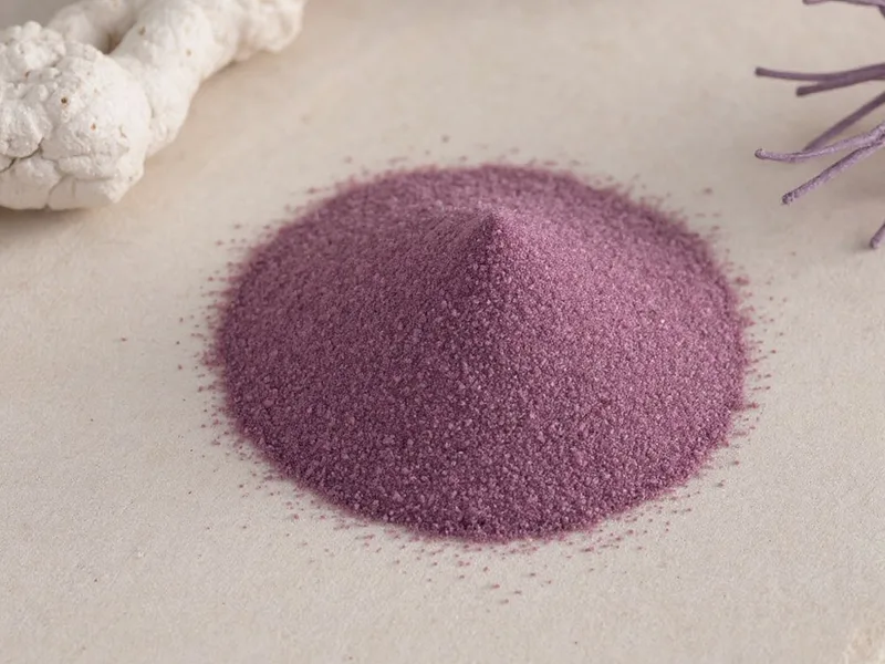 Primer plano de arena fina color ciruela para decoración y manualidades, destacando su grano fino y color.