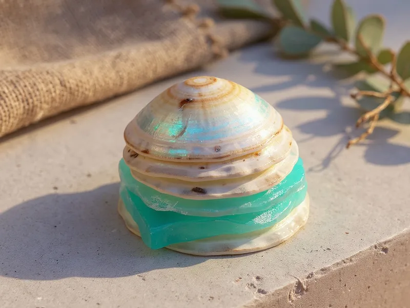 Conchas de vieira iris scallop sobre microcemento, representando la decoración costera elevada