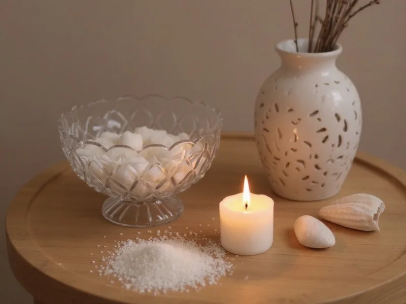 Conchas marinas tellina en un centro de mesa con velas de gel y arena de colores, en un ambiente costero DIY.