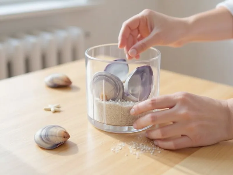 Manos creando un portavelas con conchas de mar purple clam y arena, para decoración costera.