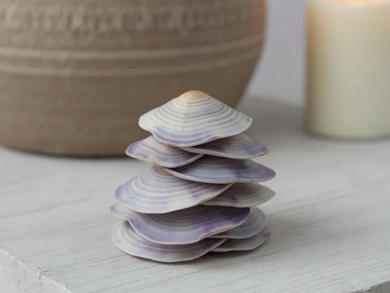 Conchas de mar purple clam en tonos beige y morado, sobre una superficie de cemento, junto a elementos de decoración costera moderna.