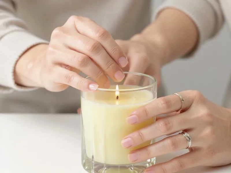 Manos creando una vela de gel con caracolas Turbo Bruneus en un vaso de cristal, ambiente costero