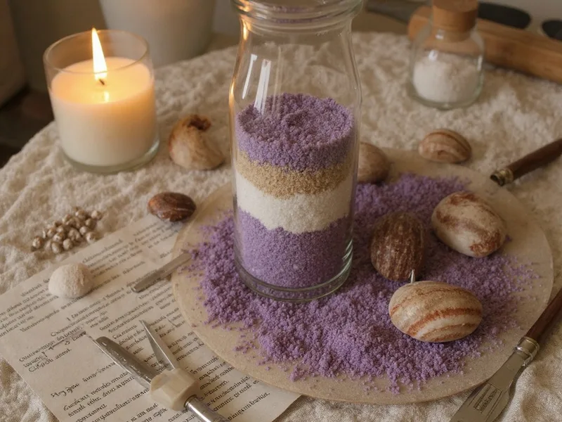 Jarrón de cristal con capas de arena fina malva y blanca, conchas marinas y vela, mostrando proyectos de decoración costera DIY.