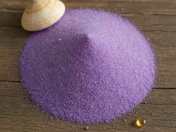 Primer plano de arena fina malva de alta calidad con una concha y esencia aromática, destacando su textura y uso para manualidades.