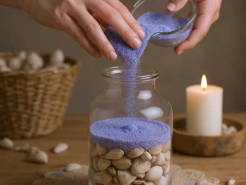 Manos creando un centro de mesa con arena fina violeta y conchas marinas