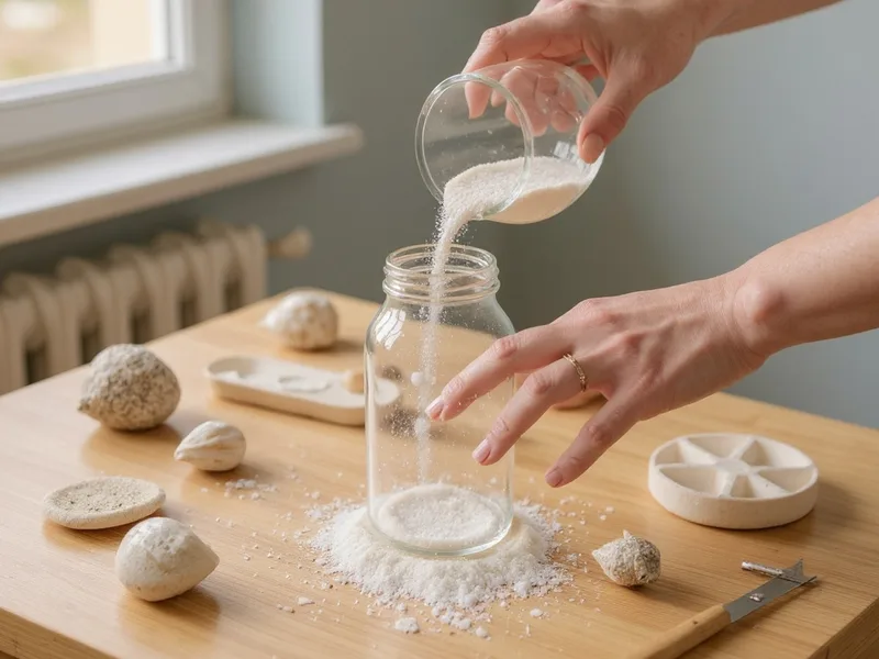 Manos creando manualidades marinas con arena de sílice y conchas en un ambiente DIY costero