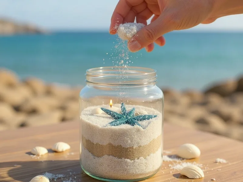 Manos creando un centro de mesa marino con arena fina azul claro y conchas en un jarrón de cristal.