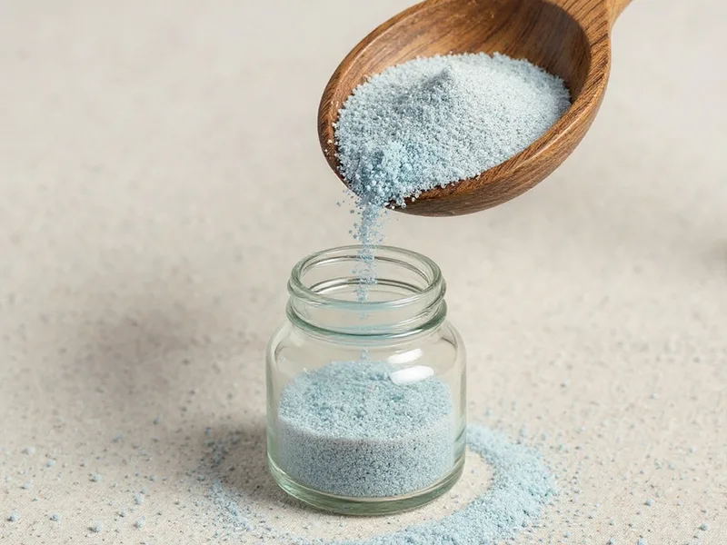 Detalle de arena fina azul claro vertiéndose, mostrando su textura y color vibrante para manualidades.