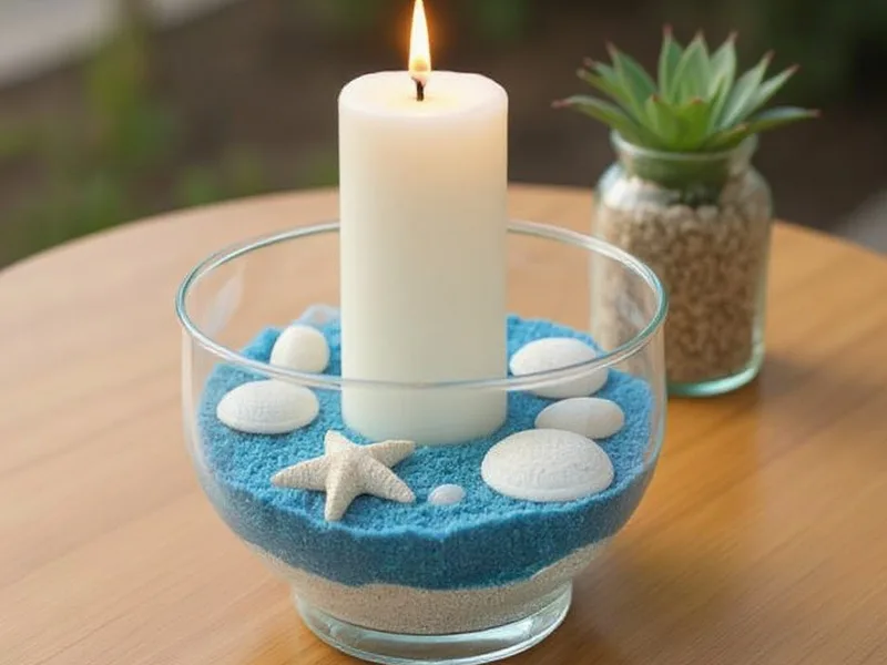 Centro de mesa marino con arena fina azul oscuro y conchas para decoración DIY