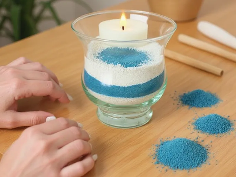 Manos añadiendo arena fina azul oscuro en jarrón de cristal para manualidades DIY