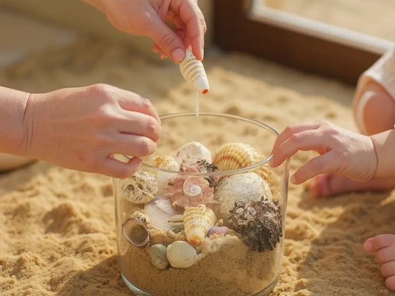 Manos creando velas de gel con caracolas y conchas marinas variadas