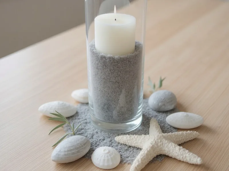 Centro de mesa marino con arena fina gris, velas y conchas