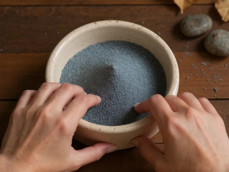 Muestra de arena fina gris en un bol, destacando su textura y color