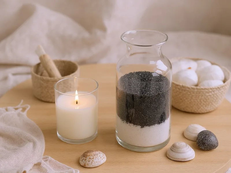 Centro de mesa moderno con arena fina negra y conchas marinas, estilo costero.