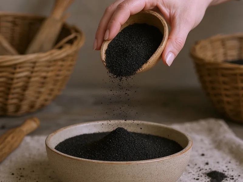 Textura de arena fina negra vertiéndose en un cuenco artesanal de cerámica.