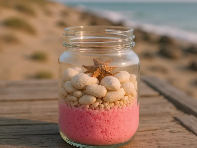 Frasco de cristal con arena fina rosa neón y conchas marinas en una decoración costera DIY