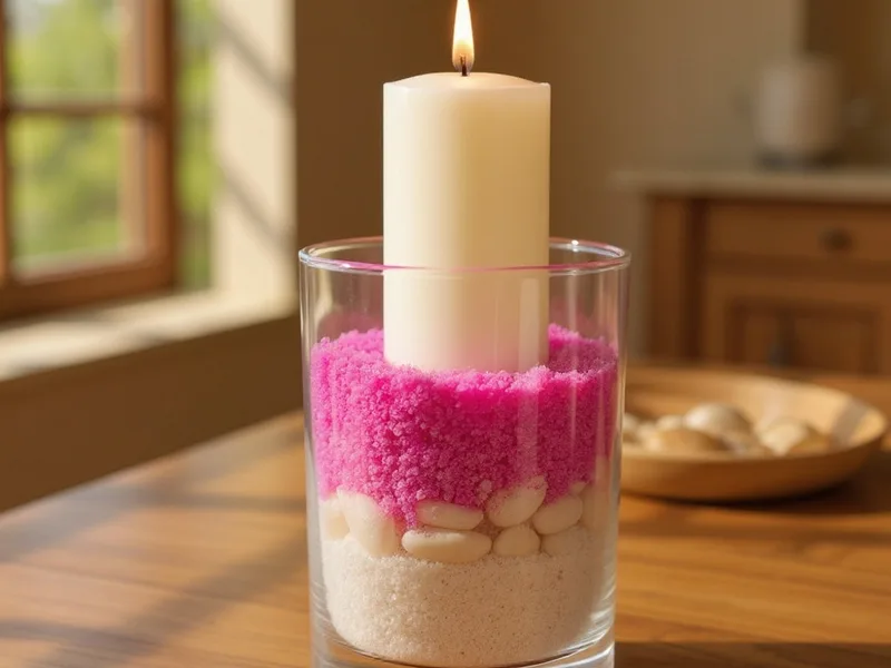 Vela decorativa con arena fucsia y conchas marinas en un centro de mesa
