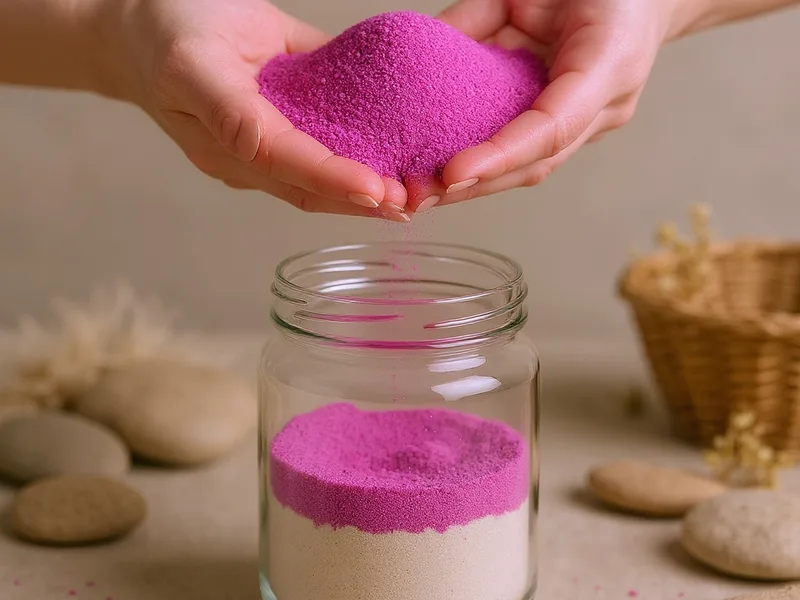 Detalle de arena fina fucsia siendo vertida en un recipiente para manualidades