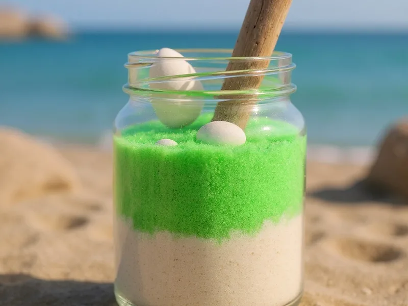 Composición de arena fina verde neón en capas con elementos marinos para decoración DIY.