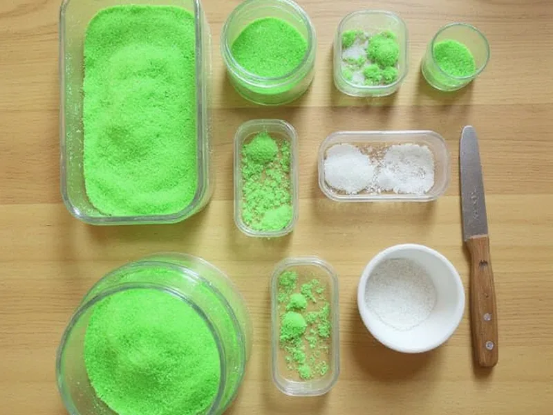 Detalle de la textura de arena fina verde neón en recipientes de cristal con herramientas de manualidades.