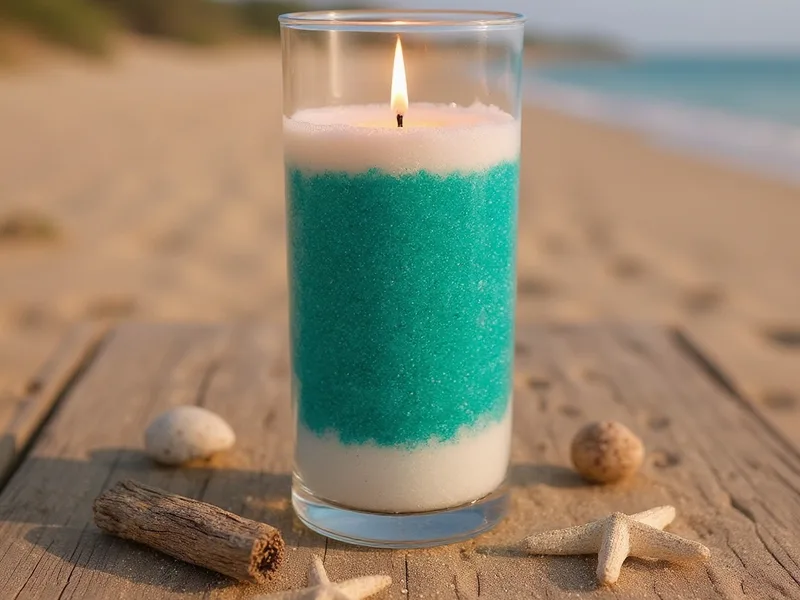 Centro de mesa marino con arena fina verde esmeralda, conchas y vela