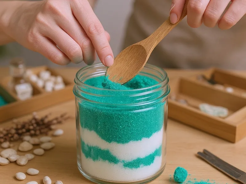 Manos creando capas decorativas con arena fina verde esmeralda en un recipiente de cristal