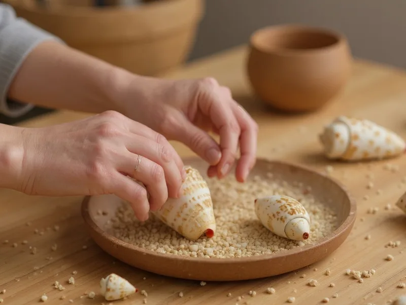 Manos creando ambientador de arena perfumada con caracolas Strombus Luhuanus y esencia aromática.