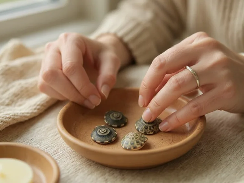 Manos creando bisutería con caracolas mini Obba Natica Black sobre un fondo de manualidades costeras.