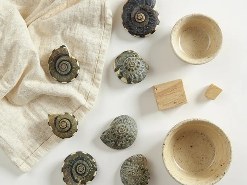 Composición de caracolas mini Obba Natica Black con tela de lino y madera, destacando su versatilidad para decoración costera.