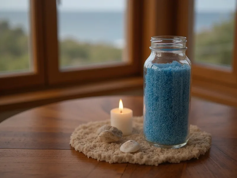 Centro de mesa DIY con arena fina azul marino, conchas y vela, estilo marino.
