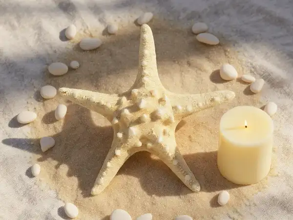 Estrella de mar Horn de 7,5-9cm en un centro de mesa marino DIY con arena, velas y caracolas.