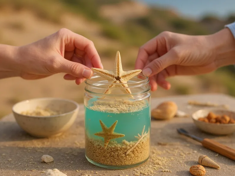Mini estrellas de mar naturales filipinas sobre vela de gel artesanal en un taller de manualidades.
