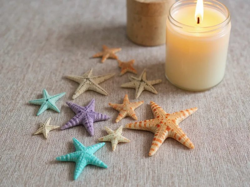 Variedad de mini estrellas de mar filipinas naturales en tonos natural, violeta y turquesa, con cera GV-35.