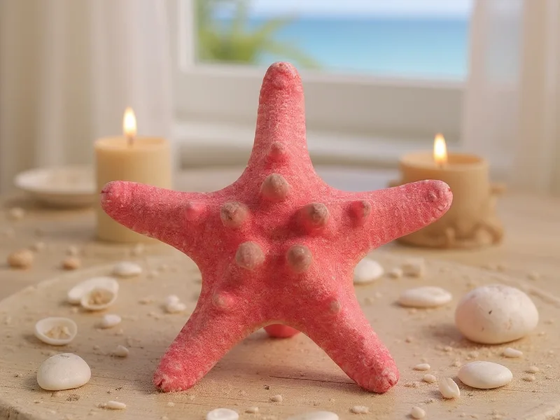 Estrella de mar Horn roja en un centro de mesa DIY con velas y arena para decoración costera