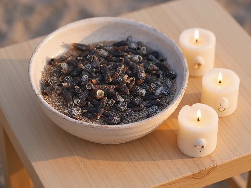 Caracolas nassa trivitata en un proyecto DIY de decoración costera, con velas de gel y arena.